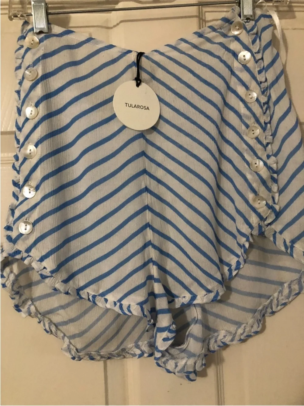 Tularosa Striped “Rae” High Rise Button-Trim Ruffle Edge Shorts - Picture 3 of 11